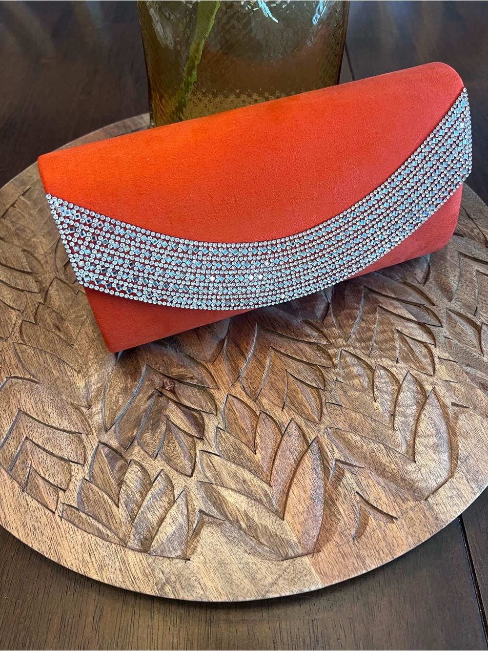 New Elegant Orange Suede Rhinestone Evening Clutch